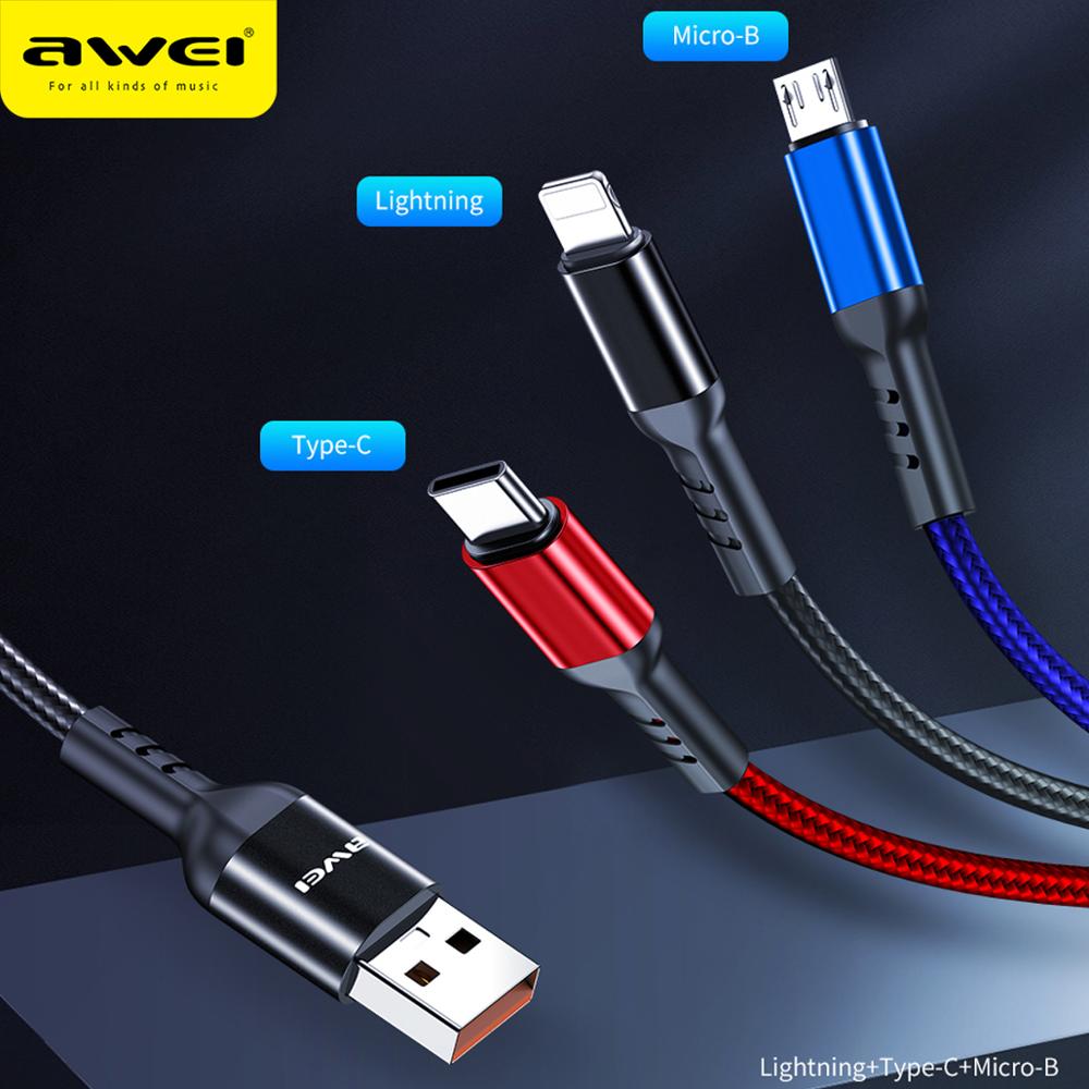 3 Σε 1 USB Καλώδιο Φόρτισης Type-c, Lightning, microUSB - AWEI 3 in 1 Fast Charge Cable 2.4A